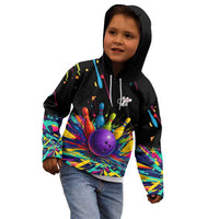 Custom Bowling Strike Design Kid Hoodie Colorful Pins and Purple Ball in Abstract Splatter Art Style - Wonder Print Shop
