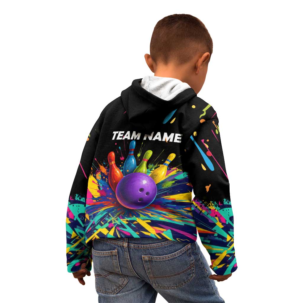 Custom Bowling Strike Design Kid Hoodie Colorful Pins and Purple Ball in Abstract Splatter Art Style - Wonder Print Shop