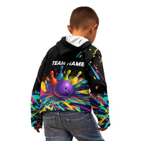 Custom Bowling Strike Design Kid Hoodie Colorful Pins and Purple Ball in Abstract Splatter Art Style - Wonder Print Shop