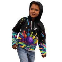 Custom Bowling Strike Design Kid Hoodie Colorful Pins and Purple Ball in Abstract Splatter Art Style - Wonder Print Shop
