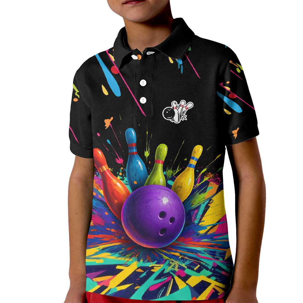 Custom Bowling Strike Design Kid Polo Shirt Colorful Pins and Purple Ball in Abstract Splatter Art Style - Wonder Print Shop