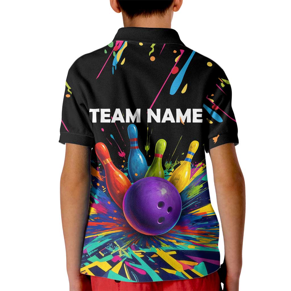 Custom Bowling Strike Design Kid Polo Shirt Colorful Pins and Purple Ball in Abstract Splatter Art Style - Wonder Print Shop