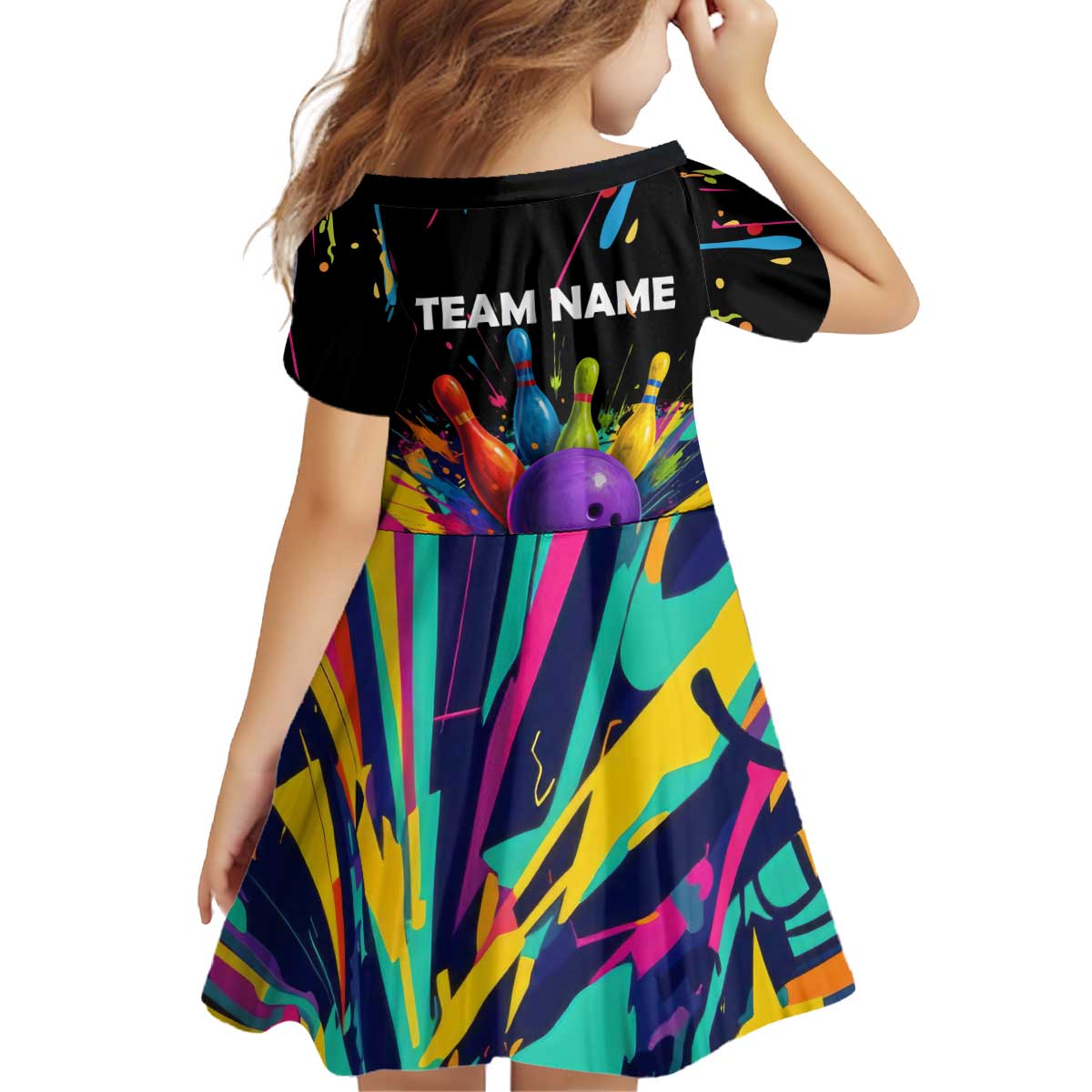 Custom Bowling Strike Design Kid Short Sleeve Dress Colorful Pins and Purple Ball in Abstract Splatter Art Style - Wonder Print Shop