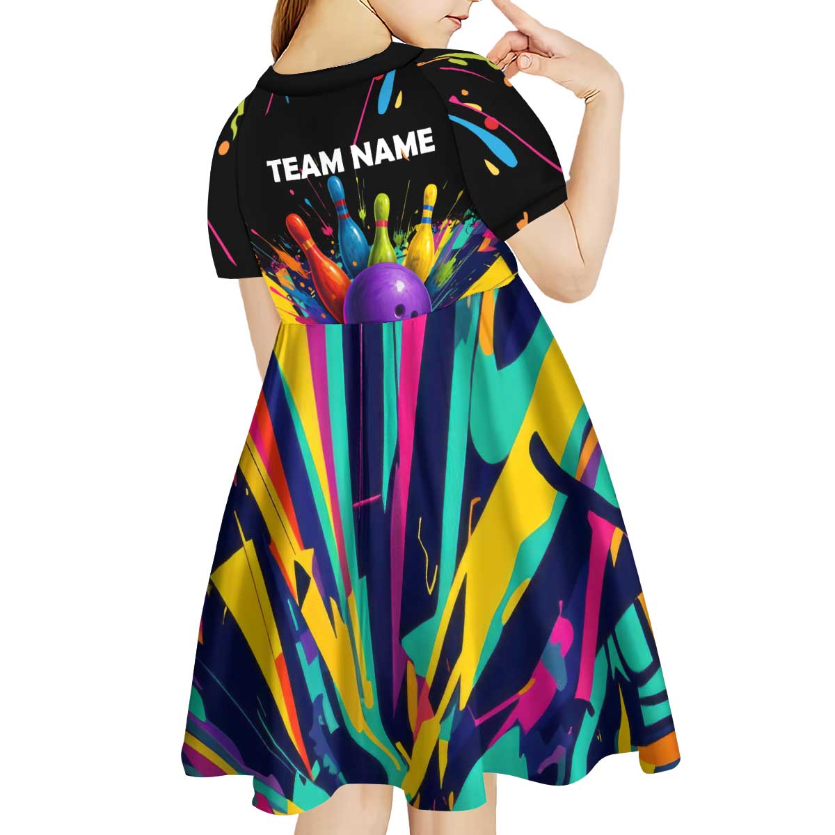 Custom Bowling Strike Design Kid Short Sleeve Dress Colorful Pins and Purple Ball in Abstract Splatter Art Style - Wonder Print Shop