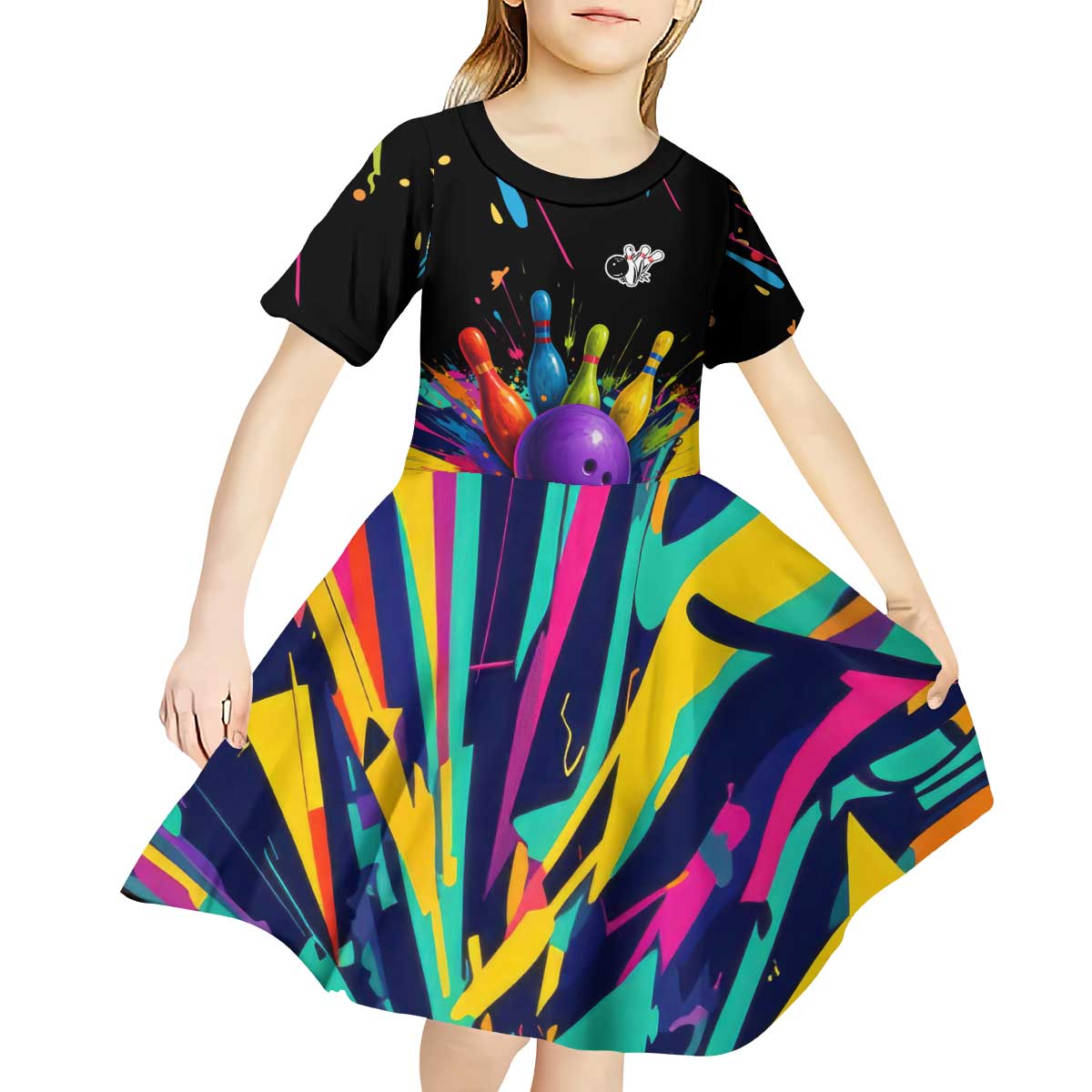 Custom Bowling Strike Design Kid Short Sleeve Dress Colorful Pins and Purple Ball in Abstract Splatter Art Style - Wonder Print Shop