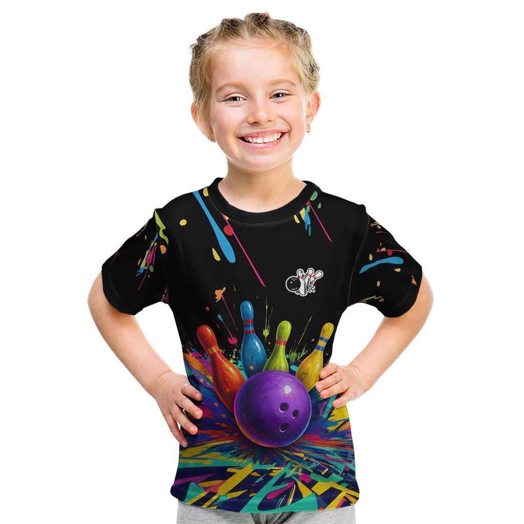 Custom Bowling Strike Design Kid T Shirt Colorful Pins and Purple Ball in Abstract Splatter Art Style - Wonder Print Shop