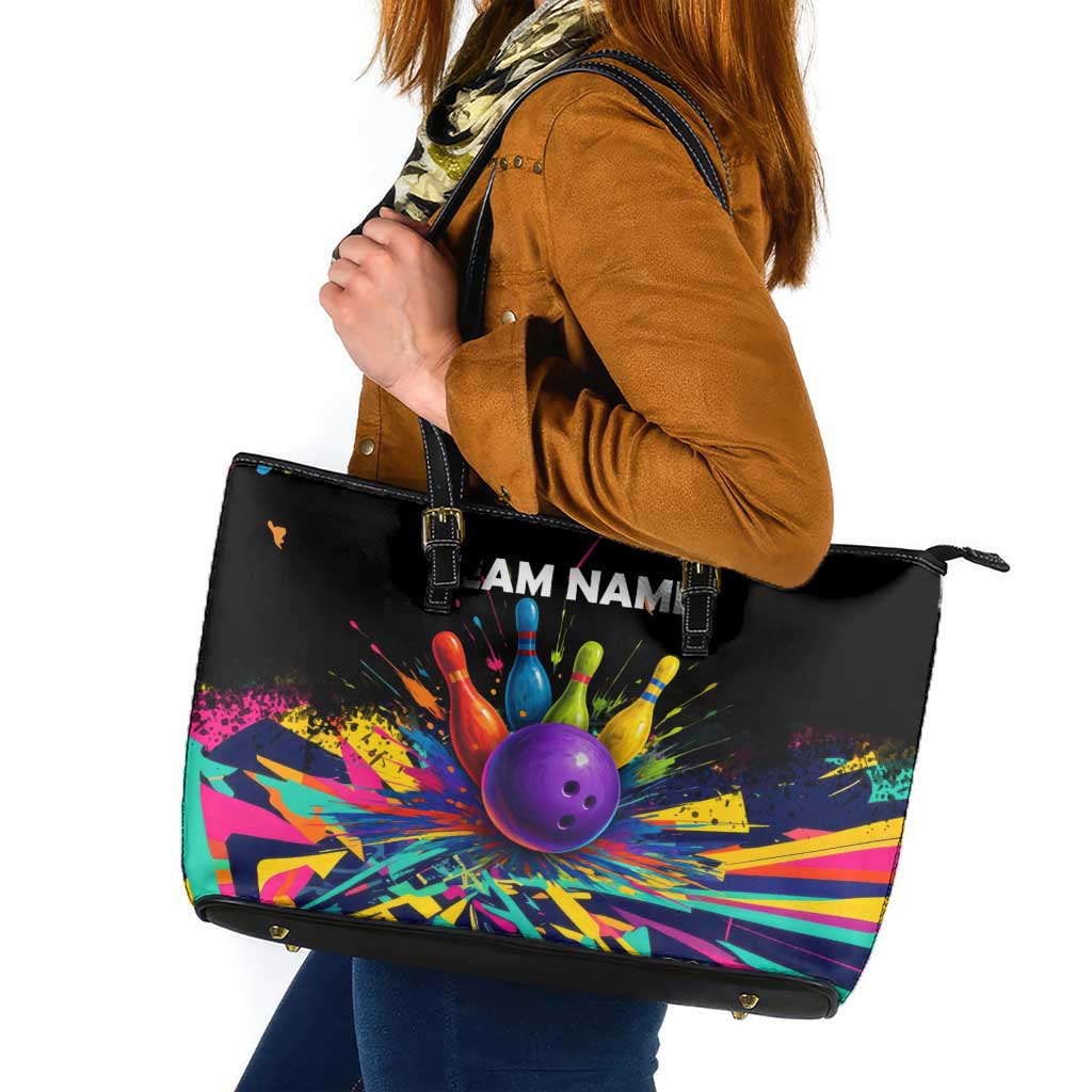 Custom Bowling Strike Design Leather Tote Bag Colorful Pins and Purple Ball in Abstract Splatter Art Style - Wonder Print Shop
