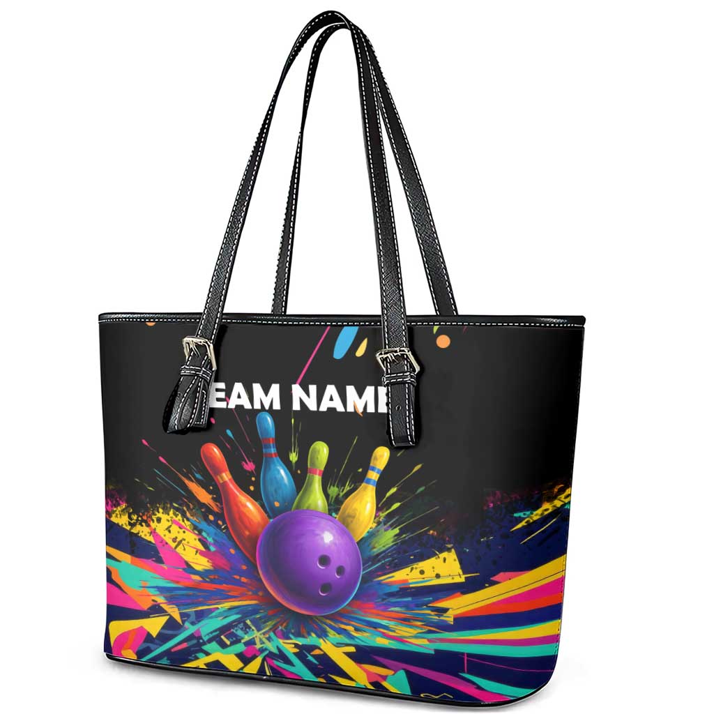 Custom Bowling Strike Design Leather Tote Bag Colorful Pins and Purple Ball in Abstract Splatter Art Style - Wonder Print Shop