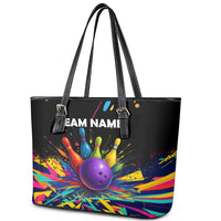 Custom Bowling Strike Design Leather Tote Bag Colorful Pins and Purple Ball in Abstract Splatter Art Style - Wonder Print Shop