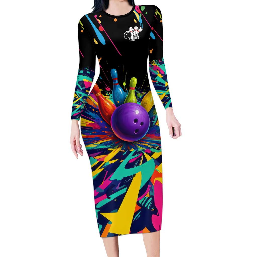 Custom Bowling Strike Design Long Sleeve Bodycon Dress Colorful Pins and Purple Ball in Abstract Splatter Art Style - Wonder Print Shop