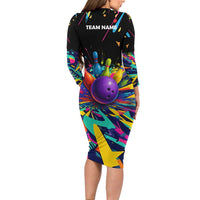 Custom Bowling Strike Design Long Sleeve Bodycon Dress Colorful Pins and Purple Ball in Abstract Splatter Art Style - Wonder Print Shop