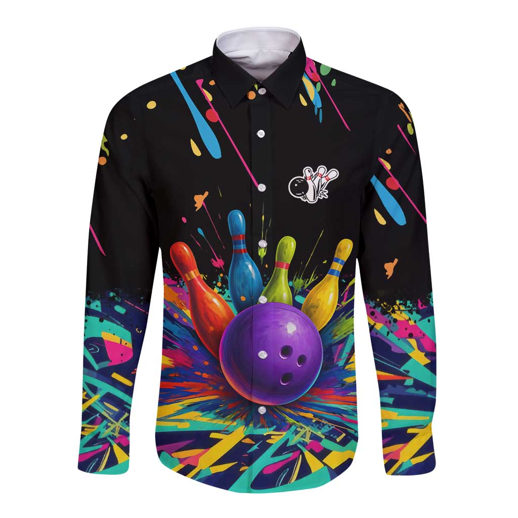 Custom Bowling Strike Design Long Sleeve Button Shirt Colorful Pins and Purple Ball in Abstract Splatter Art Style - Wonder Print Shop