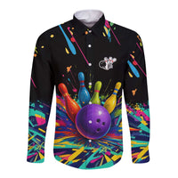 Custom Bowling Strike Design Long Sleeve Button Shirt Colorful Pins and Purple Ball in Abstract Splatter Art Style - Wonder Print Shop