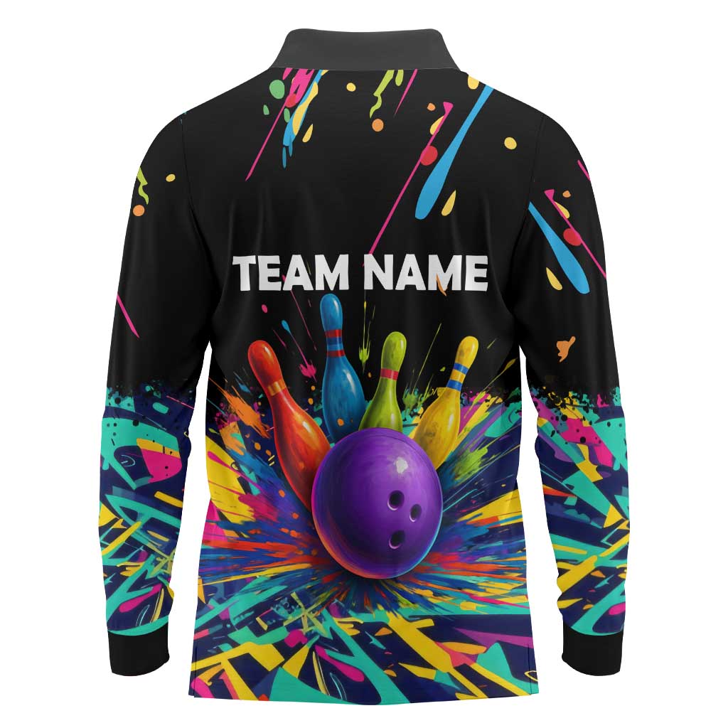 Custom Bowling Strike Design Long Sleeve Polo Shirt Colorful Pins and Purple Ball in Abstract Splatter Art Style - Wonder Print Shop