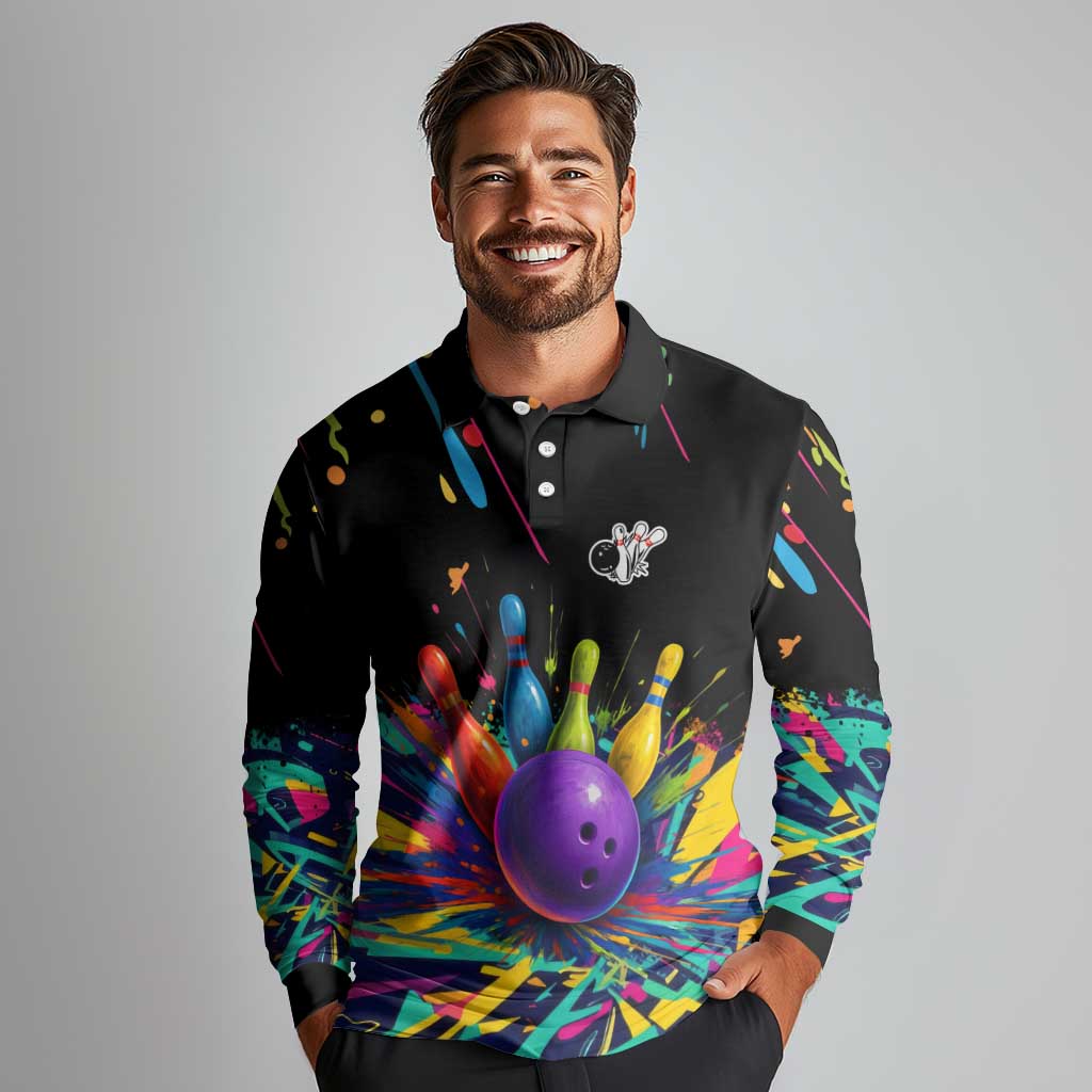 Custom Bowling Strike Design Long Sleeve Polo Shirt Colorful Pins and Purple Ball in Abstract Splatter Art Style - Wonder Print Shop