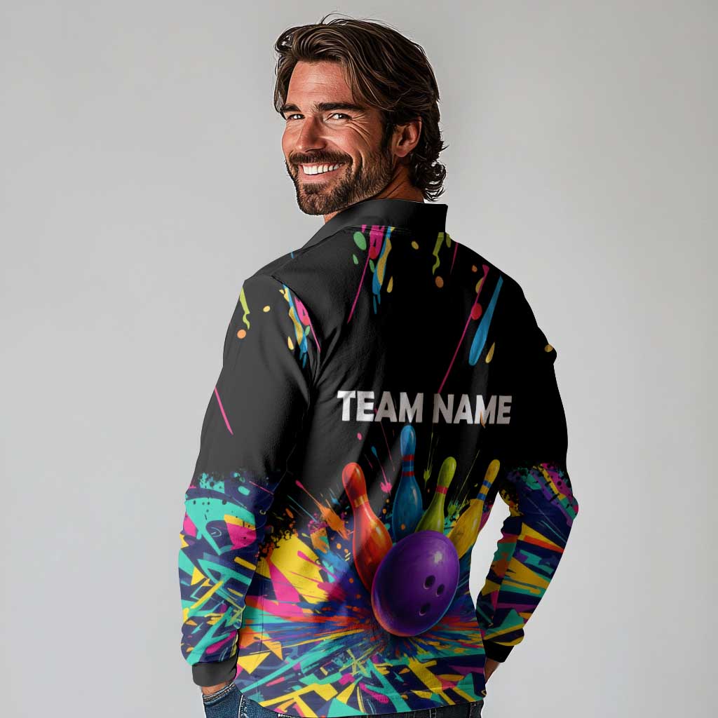 Custom Bowling Strike Design Long Sleeve Polo Shirt Colorful Pins and Purple Ball in Abstract Splatter Art Style - Wonder Print Shop