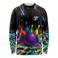 Custom Bowling Strike Design Long Sleeve Shirt Colorful Pins and Purple Ball in Abstract Splatter Art Style - Wonder Print Shop