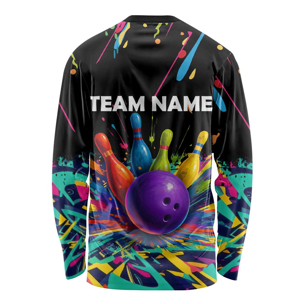 Custom Bowling Strike Design Long Sleeve Shirt Colorful Pins and Purple Ball in Abstract Splatter Art Style - Wonder Print Shop