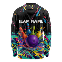 Custom Bowling Strike Design Long Sleeve Shirt Colorful Pins and Purple Ball in Abstract Splatter Art Style - Wonder Print Shop