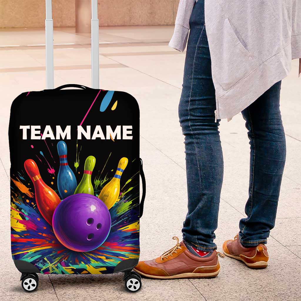 Custom Bowling Strike Design Luggage Cover Colorful Pins and Purple Ball in Abstract Splatter Art Style - Wonder Print Shop