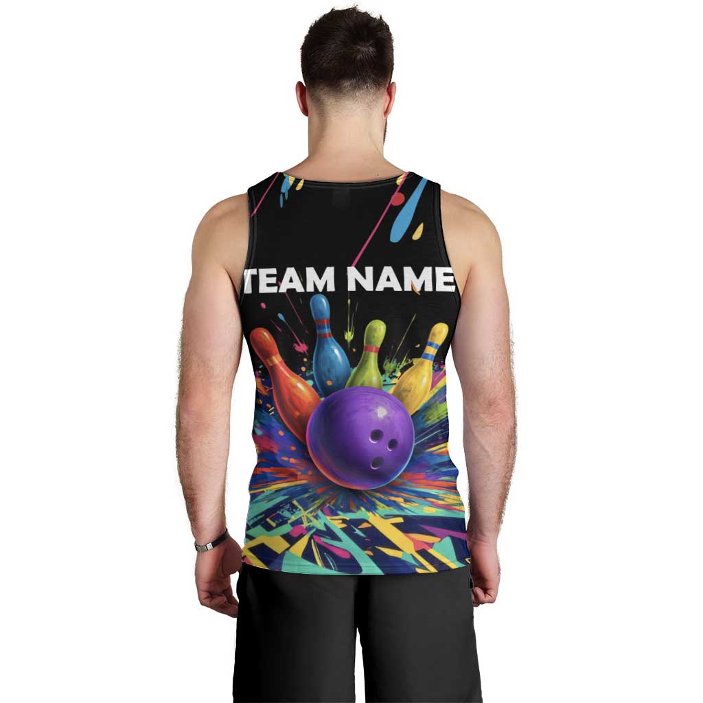 Custom Bowling Strike Design Men Tank Top Colorful Pins and Purple Ball in Abstract Splatter Art Style - Wonder Print Shop
