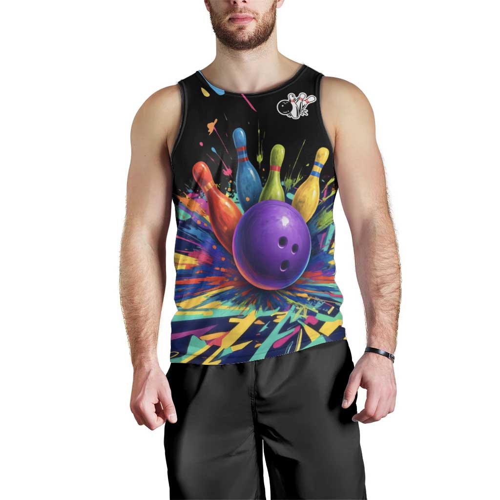 Custom Bowling Strike Design Men Tank Top Colorful Pins and Purple Ball in Abstract Splatter Art Style - Wonder Print Shop