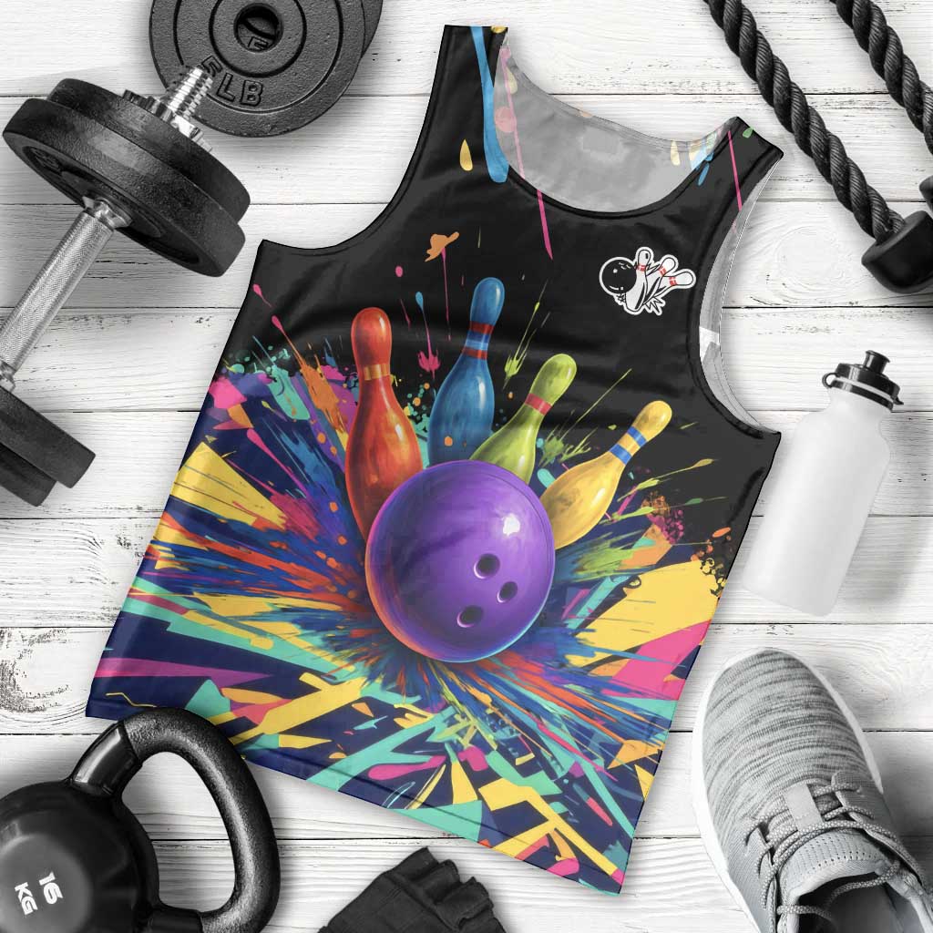 Custom Bowling Strike Design Men Tank Top Colorful Pins and Purple Ball in Abstract Splatter Art Style - Wonder Print Shop
