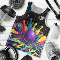 Custom Bowling Strike Design Men Tank Top Colorful Pins and Purple Ball in Abstract Splatter Art Style - Wonder Print Shop