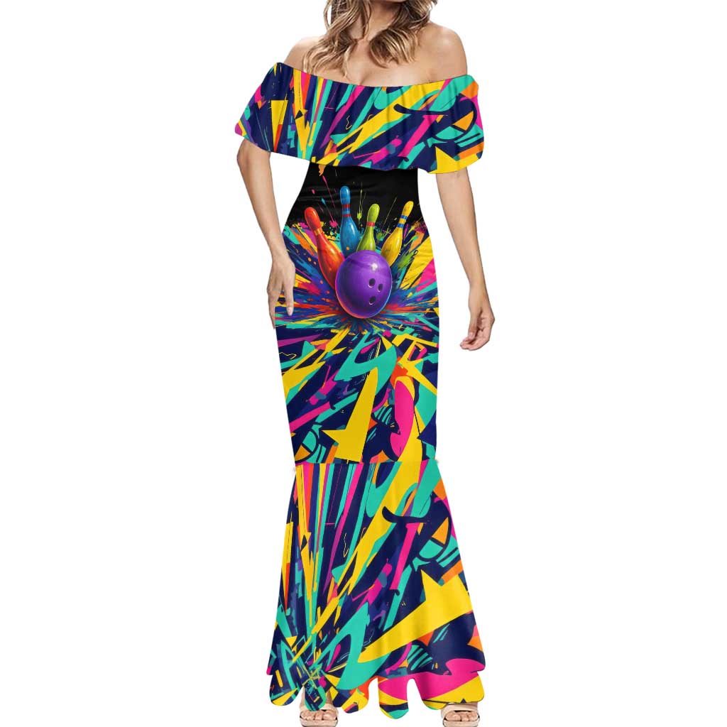 Custom Bowling Strike Design Mermaid Dress Colorful Pins and Purple Ball in Abstract Splatter Art Style - Wonder Print Shop