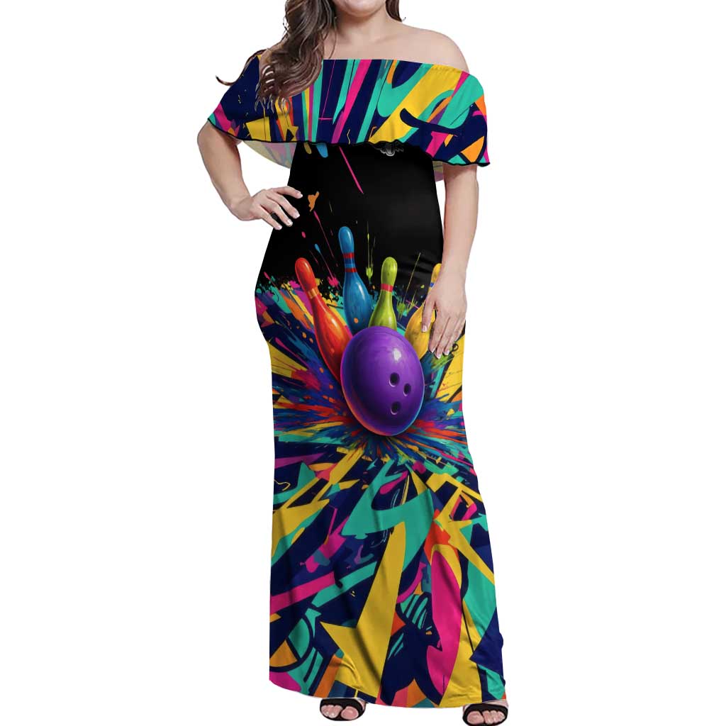 Custom Bowling Strike Design Off Shoulder Maxi Dress Colorful Pins and Purple Ball in Abstract Splatter Art Style - Wonder Print Shop