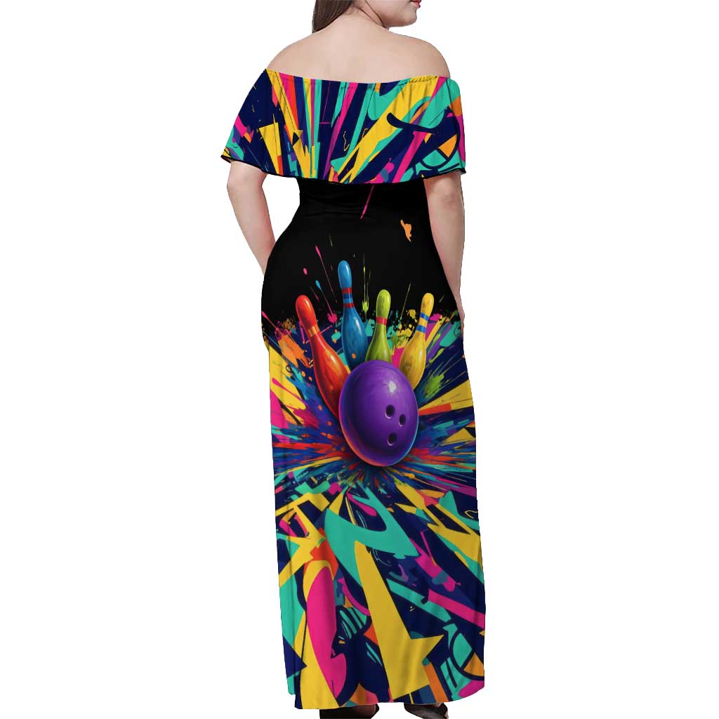 Custom Bowling Strike Design Off Shoulder Maxi Dress Colorful Pins and Purple Ball in Abstract Splatter Art Style - Wonder Print Shop
