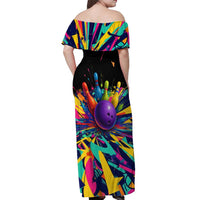 Custom Bowling Strike Design Off Shoulder Maxi Dress Colorful Pins and Purple Ball in Abstract Splatter Art Style - Wonder Print Shop