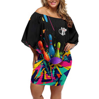 Custom Bowling Strike Design Off Shoulder Short Dress Colorful Pins and Purple Ball in Abstract Splatter Art Style - Wonder Print Shop