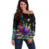 Custom Bowling Strike Design Off Shoulder Sweater Colorful Pins and Purple Ball in Abstract Splatter Art Style - Wonder Print Shop