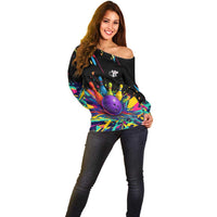 Custom Bowling Strike Design Off Shoulder Sweater Colorful Pins and Purple Ball in Abstract Splatter Art Style - Wonder Print Shop
