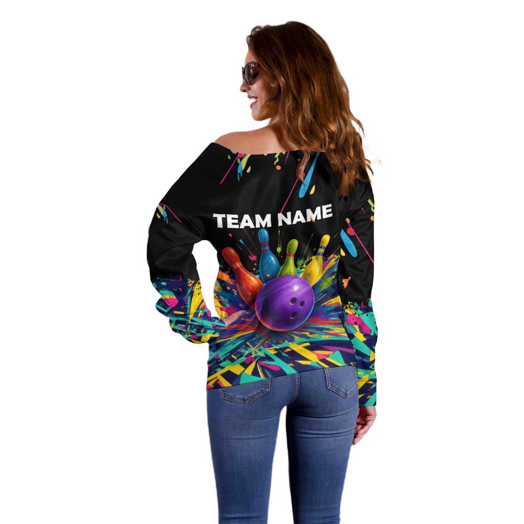 Custom Bowling Strike Design Off Shoulder Sweater Colorful Pins and Purple Ball in Abstract Splatter Art Style - Wonder Print Shop