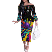Custom Bowling Strike Design Off The Shoulder Long Sleeve Dress Colorful Pins and Purple Ball in Abstract Splatter Art Style - Wonder Print Shop