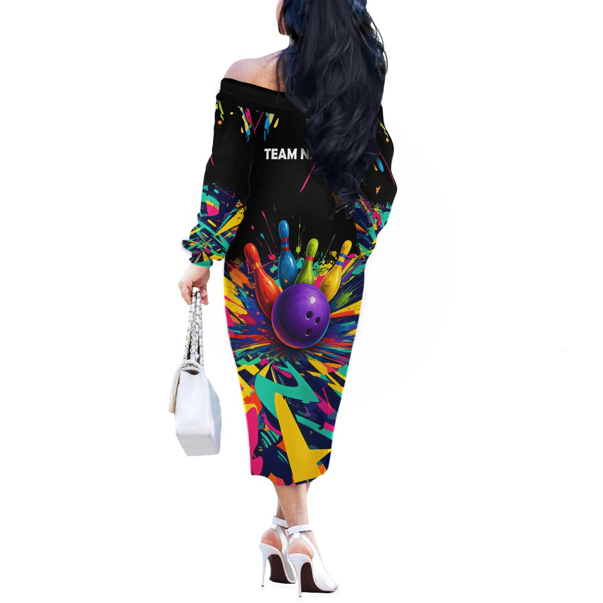 Custom Bowling Strike Design Off The Shoulder Long Sleeve Dress Colorful Pins and Purple Ball in Abstract Splatter Art Style - Wonder Print Shop