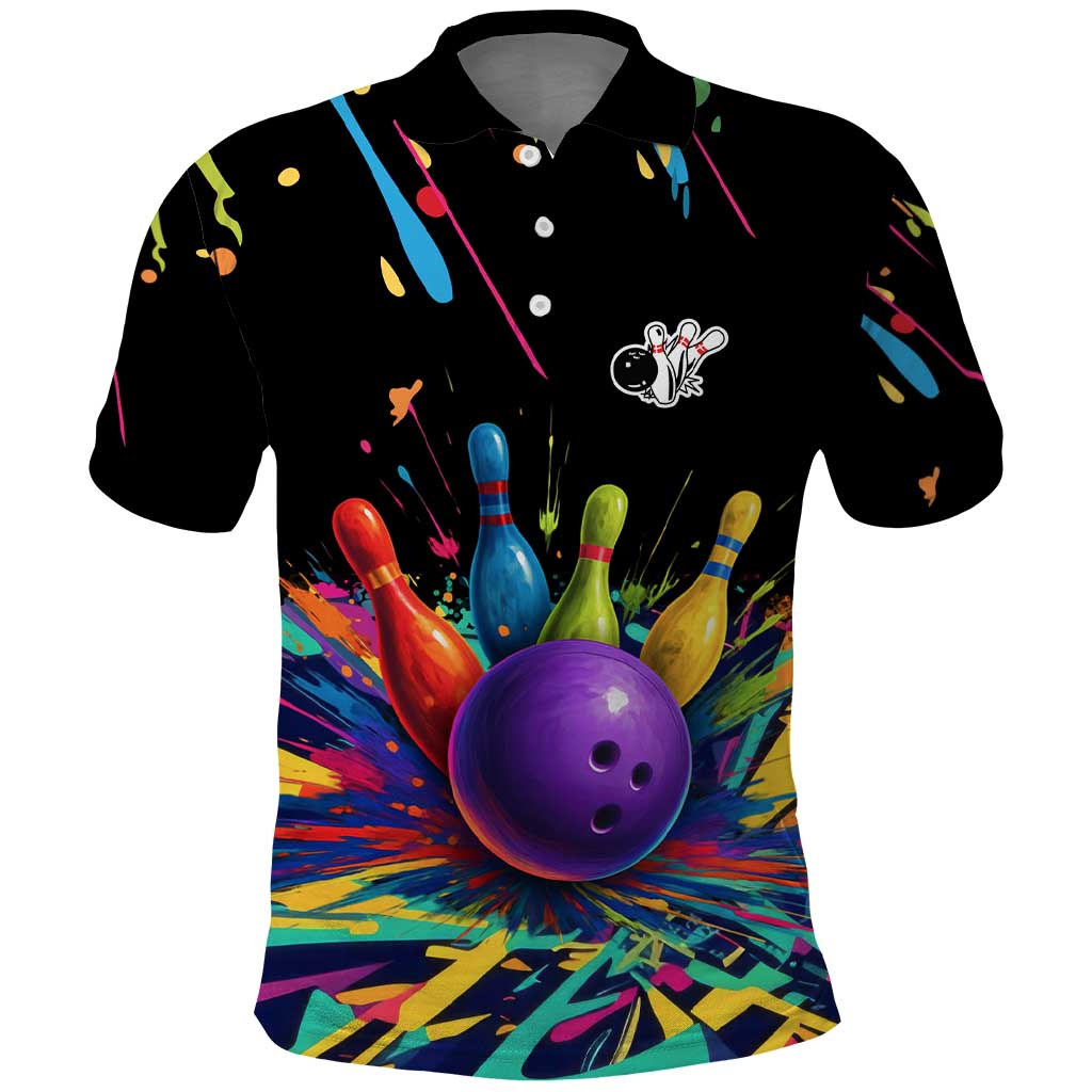 Custom Bowling Strike Design Polo Shirt Colorful Pins and Purple Ball in Abstract Splatter Art Style - Wonder Print Shop