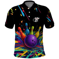 Custom Bowling Strike Design Polo Shirt Colorful Pins and Purple Ball in Abstract Splatter Art Style - Wonder Print Shop