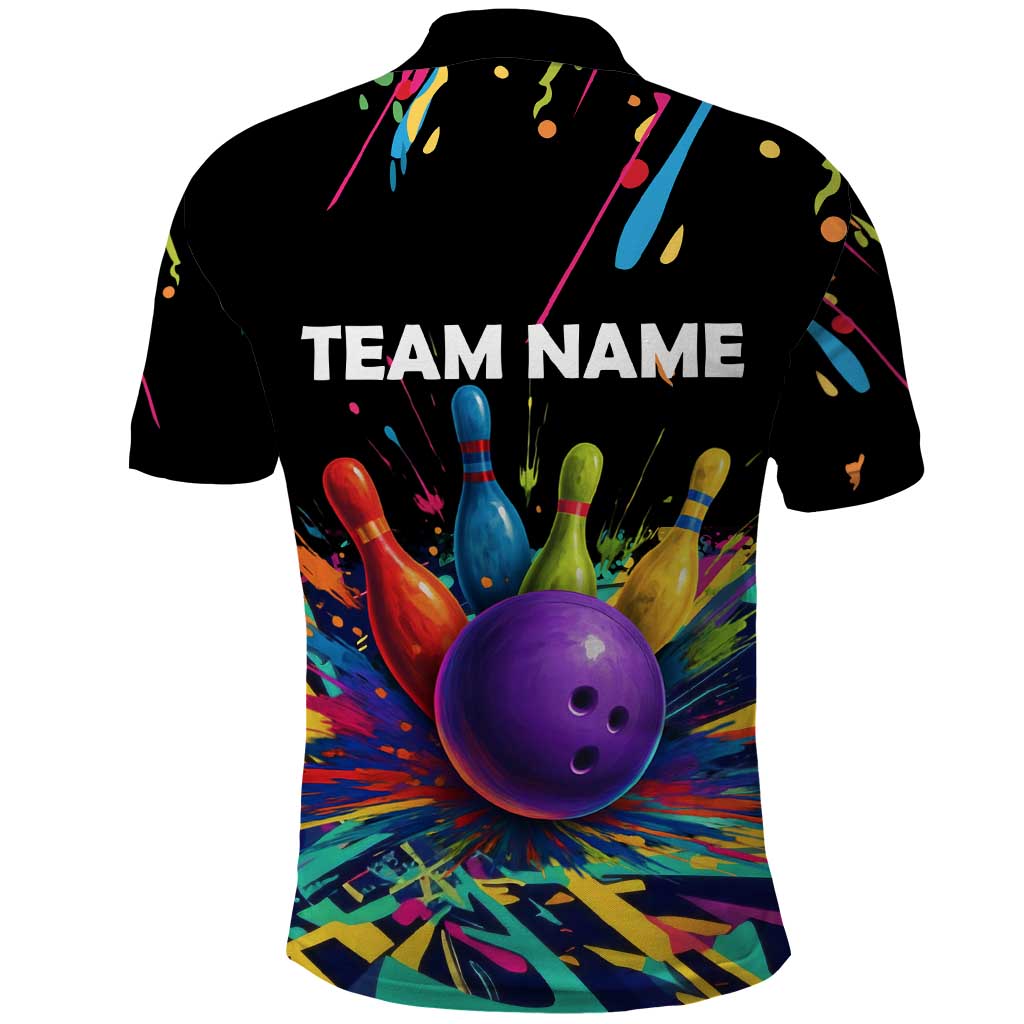 Custom Bowling Strike Design Polo Shirt Colorful Pins and Purple Ball in Abstract Splatter Art Style - Wonder Print Shop