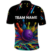 Custom Bowling Strike Design Polo Shirt Colorful Pins and Purple Ball in Abstract Splatter Art Style - Wonder Print Shop