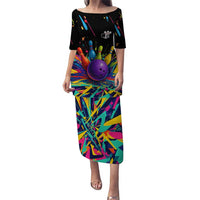 Custom Bowling Strike Design Puletasi Colorful Pins and Purple Ball in Abstract Splatter Art Style - Wonder Print Shop