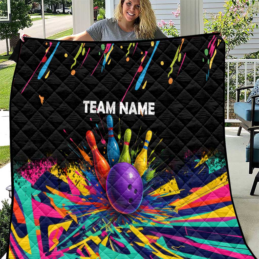 Custom Bowling Strike Design Quilt Colorful Pins and Purple Ball in Abstract Splatter Art Style - Wonder Print Shop