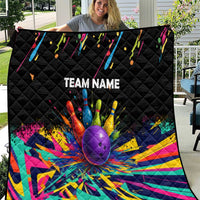 Custom Bowling Strike Design Quilt Colorful Pins and Purple Ball in Abstract Splatter Art Style - Wonder Print Shop