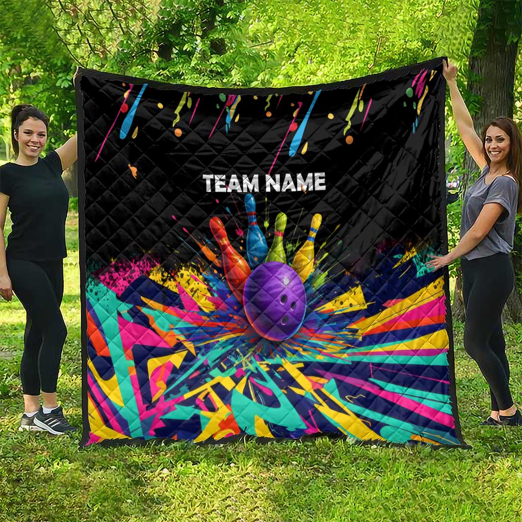 Custom Bowling Strike Design Quilt Colorful Pins and Purple Ball in Abstract Splatter Art Style - Wonder Print Shop