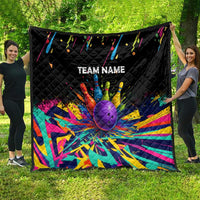 Custom Bowling Strike Design Quilt Colorful Pins and Purple Ball in Abstract Splatter Art Style - Wonder Print Shop