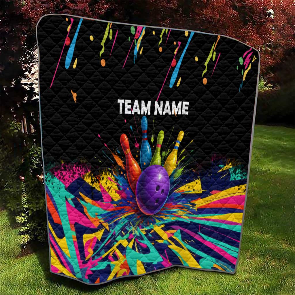 Custom Bowling Strike Design Quilt Colorful Pins and Purple Ball in Abstract Splatter Art Style - Wonder Print Shop
