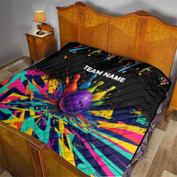 Custom Bowling Strike Design Quilt Colorful Pins and Purple Ball in Abstract Splatter Art Style - Wonder Print Shop