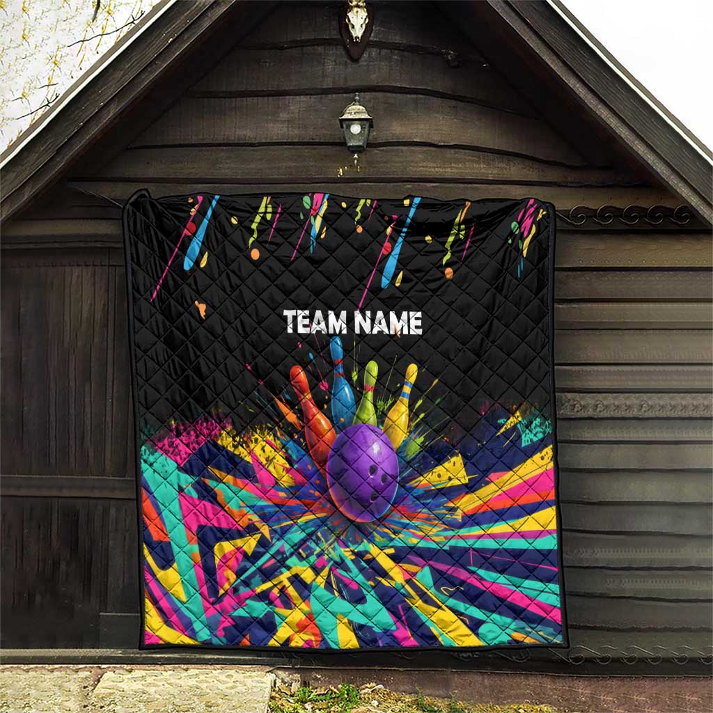 Custom Bowling Strike Design Quilt Colorful Pins and Purple Ball in Abstract Splatter Art Style - Wonder Print Shop